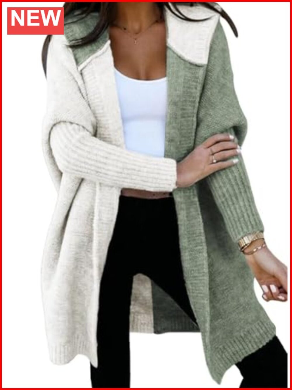 Hooded Knit Cardigan Sweater with Color Block Patchwork